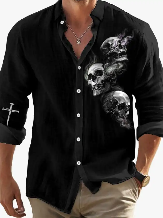 

Men's Vintage Dark Skull Print Long Sleeve Shirt - Skull Faith Print,Regular Fit,, Lapel Collar, Polyester Blend,All-Season Wear