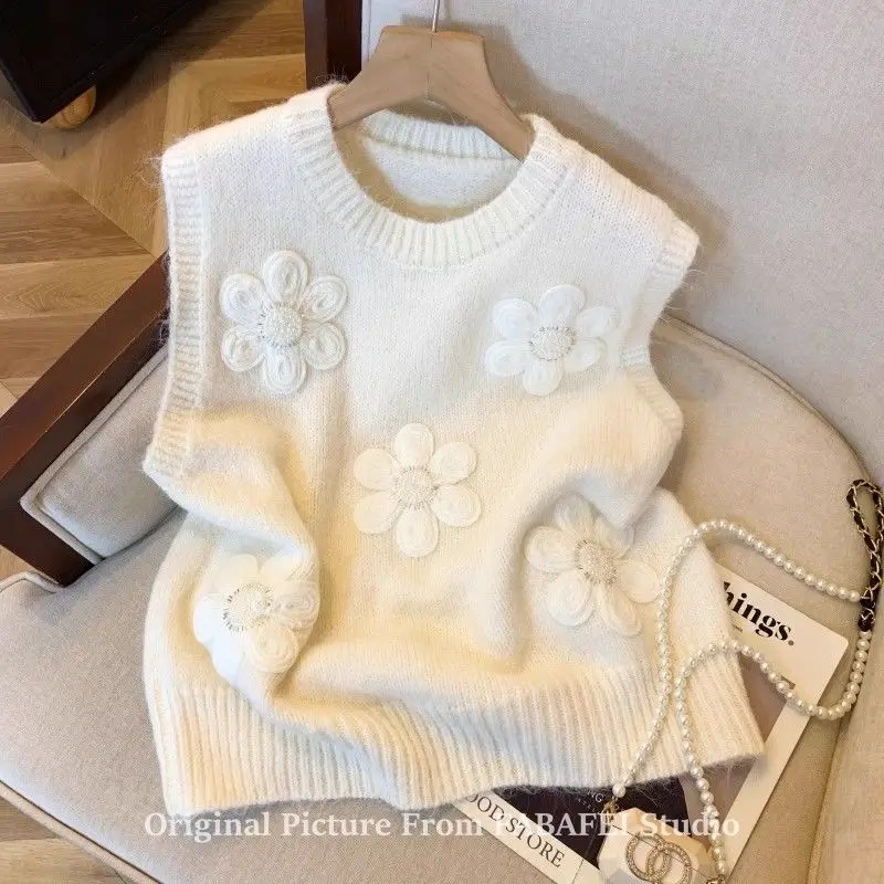 

Nail Bead Flower Knitted Vest For Women In Autumn And Winter Lazy Knit Vest Sleeveless Sweater