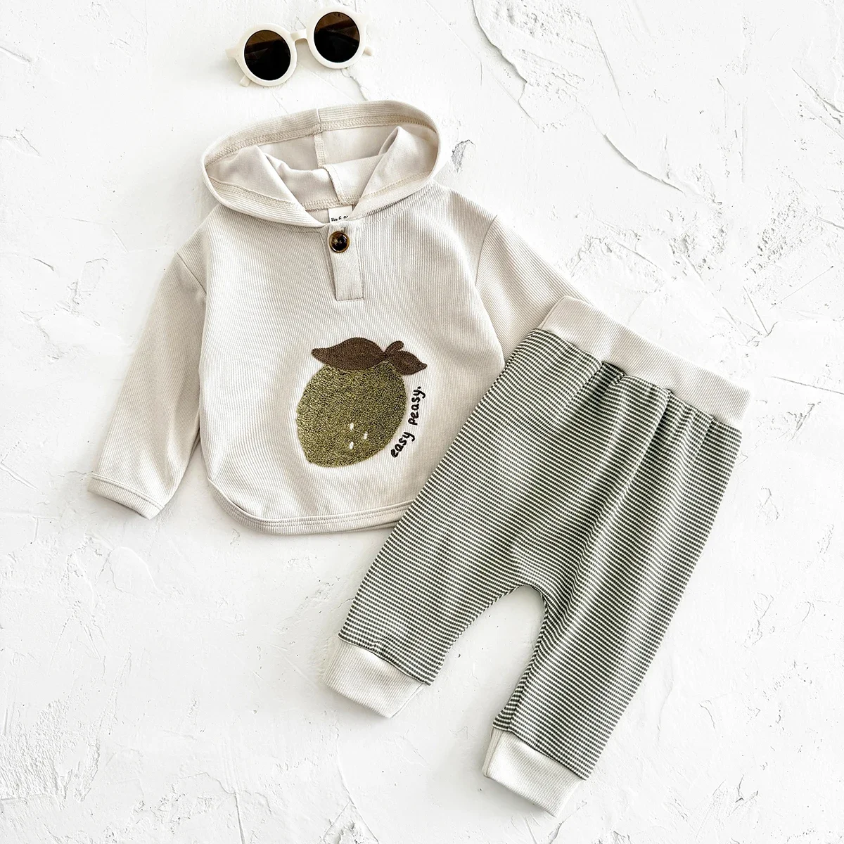 Baby Unisex Spring Autumn Outfit Lemon Flocking Lapel Top Green White Striped Pants Toddler 2Pcs Clothes Set 6