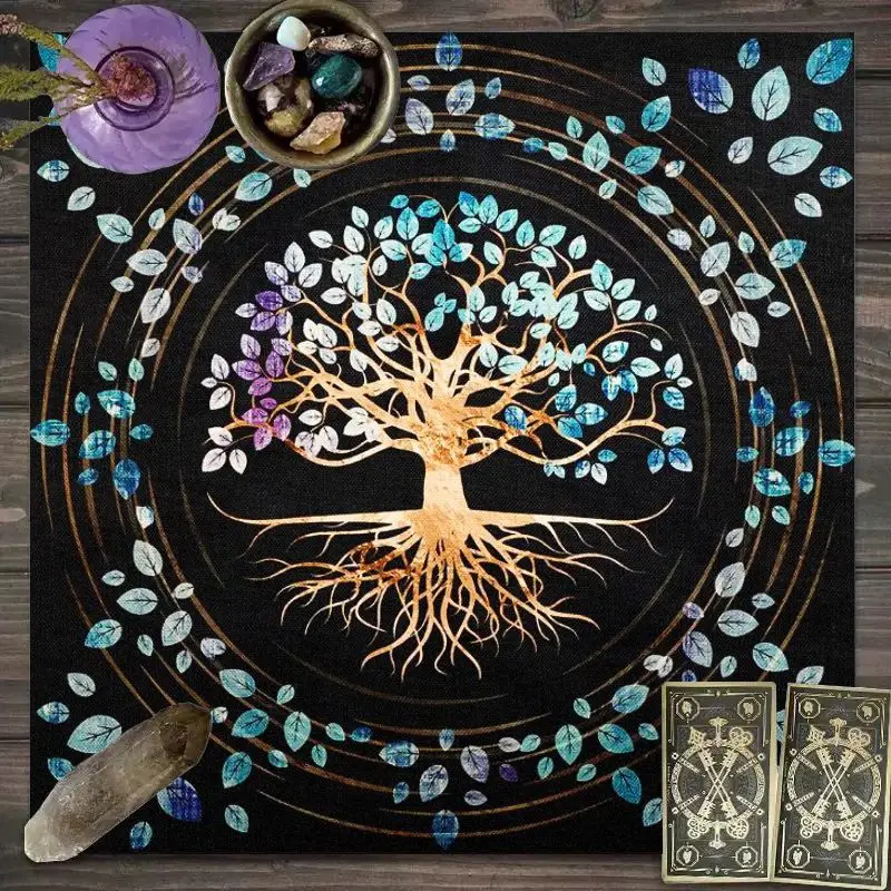 VIKAMA Mystic Tree of Life Tischdecke Schwarz auf Gold Blau und Lila Blätter Wasserdichte und schmutzabweisende Meditation