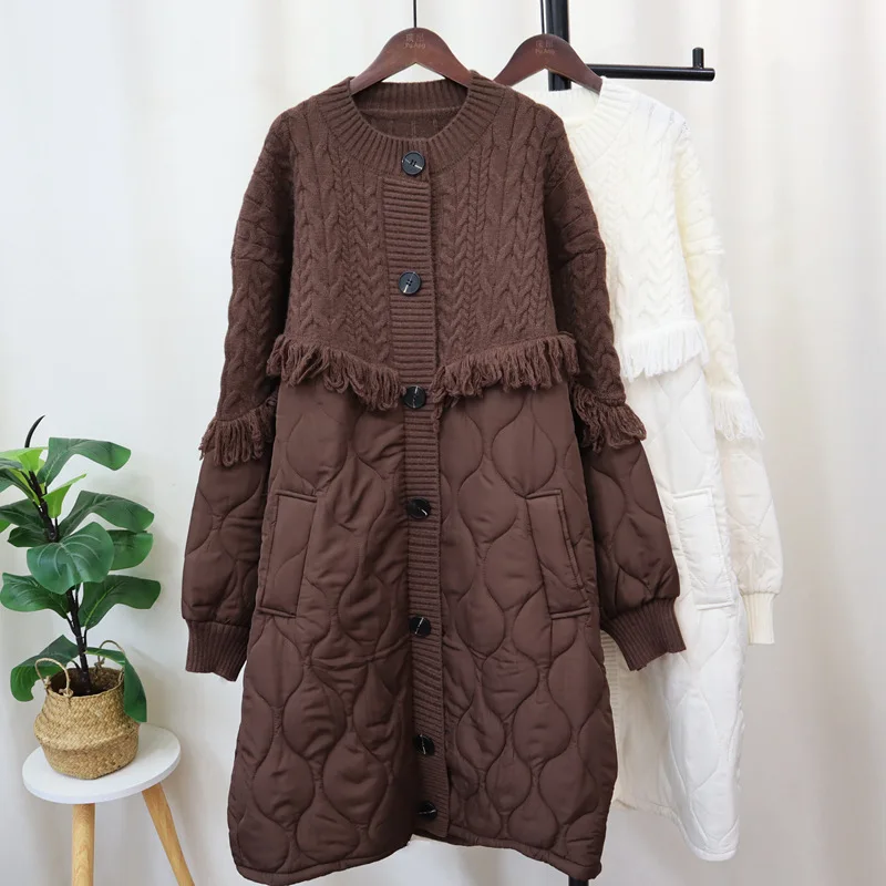 WTHT Fashion Women\'s Spliced Tassel Knit Warm Coat 2024 Winter Trendy O-neck Single Breasted Long Jacket Female 1LS231