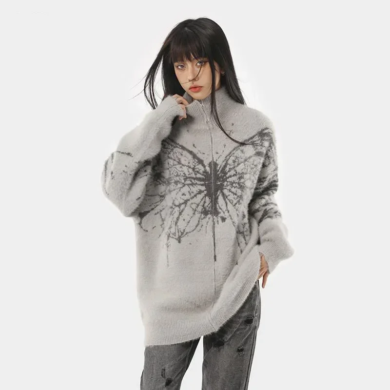 Deeptown Y2k Gray Harajuku Women Zipper Cardigan Vintage Butterfly Turtleneck Japanese Fashion Sweater Loose Autumn Kintwear