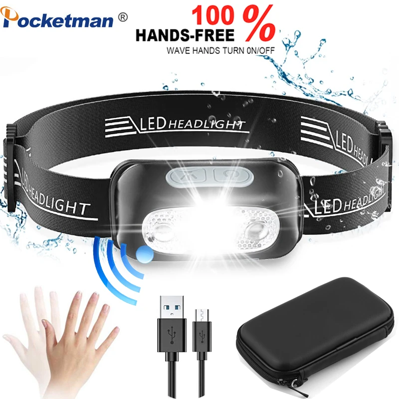 LED Headlamp Body Motion Sensor Headlight With USB charging Rechargeable 5Modes Camping Flashlight Head Light Torch Lamp