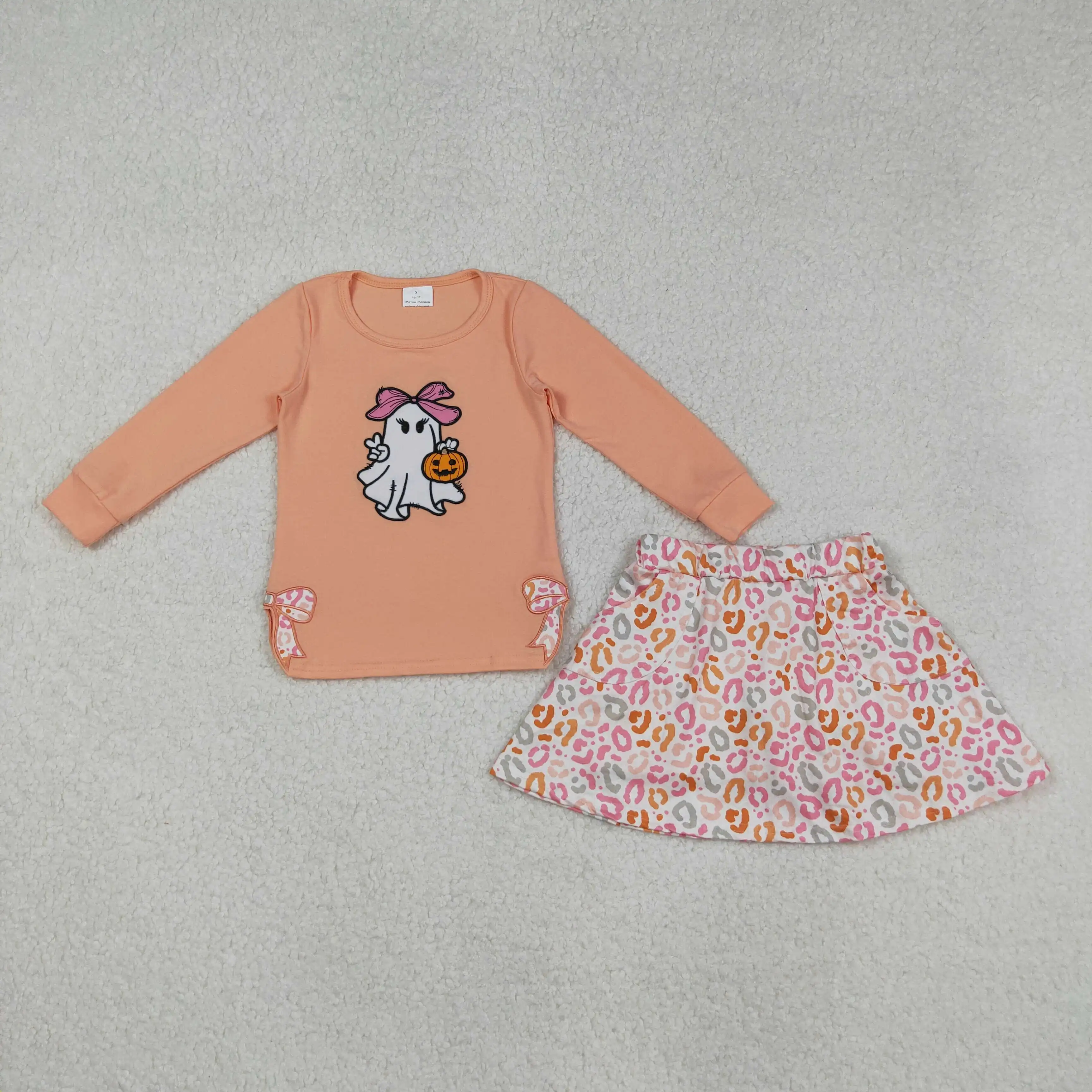 

Baby Girls Halloween Leopard Skorts Set with Bows Ghost And Pumpkins Top Pumpkin Ghost Embroidery Leopard Skirt for Girls