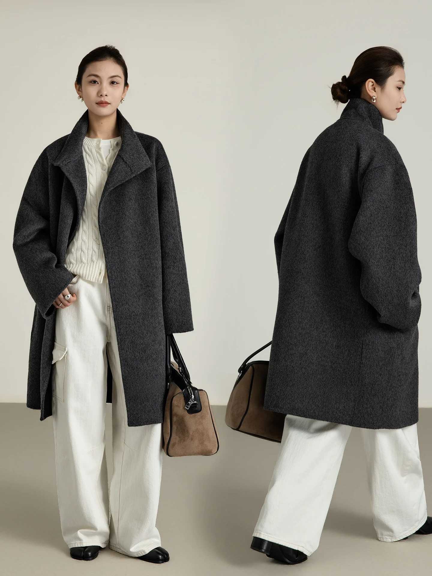 

Геометрический шерстяной плащ с высоким воротником на одной пуговице, средней длины, женская верхняя одежда, повседневный свободный крой, длинный рукав