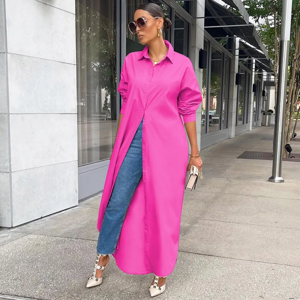 Women\'S Shirt Dress Fashion Chiffon Long Sleeve Cardigan Coat Soild Colors Shirt Top Blouse Ladies Elegant Maxi Shirt Dress