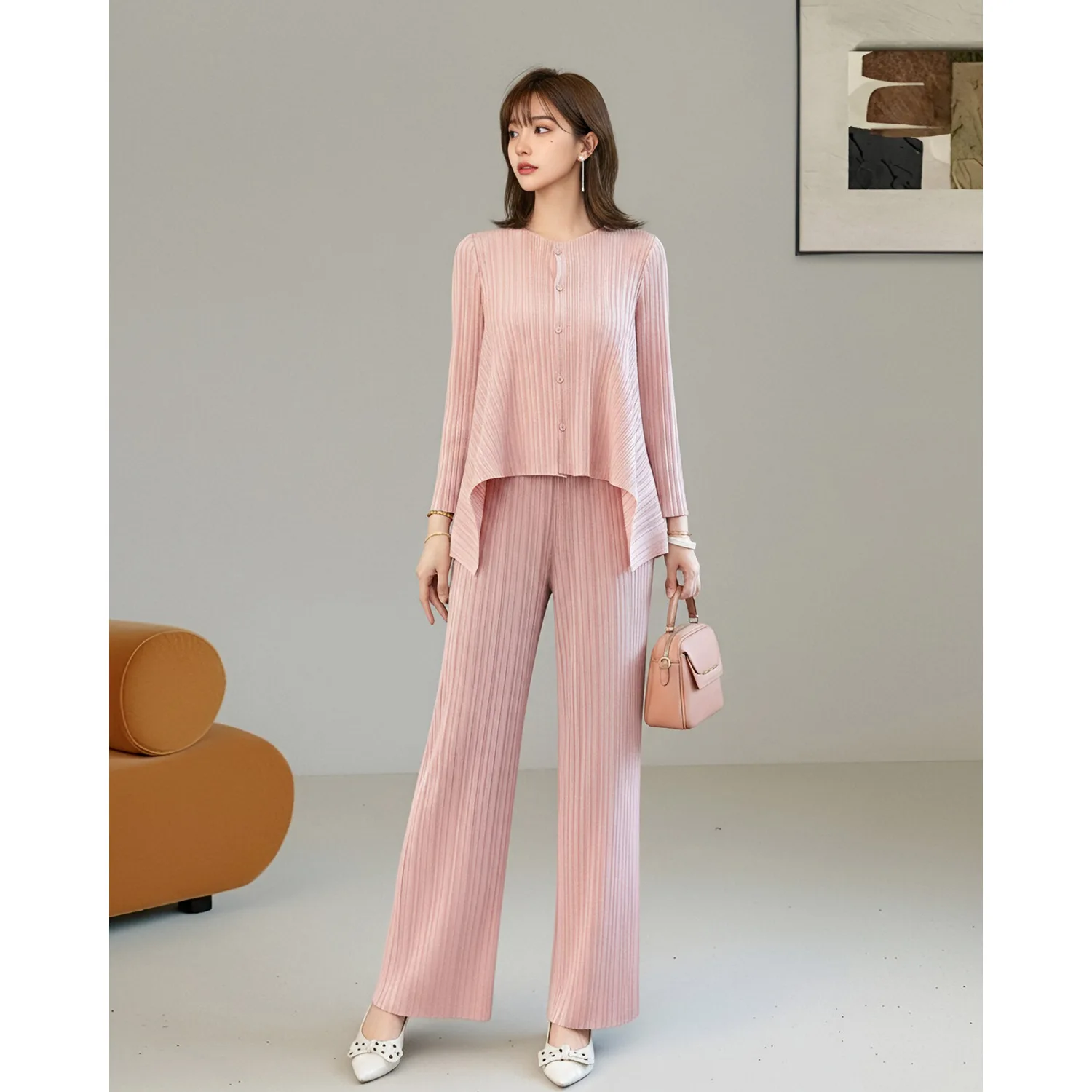 Miyake Pleats Autumn Pink Two-Piece Set: Relaxed Pleated Cardigan + High-Waist Wide-Leg Pants Commuter Suit
