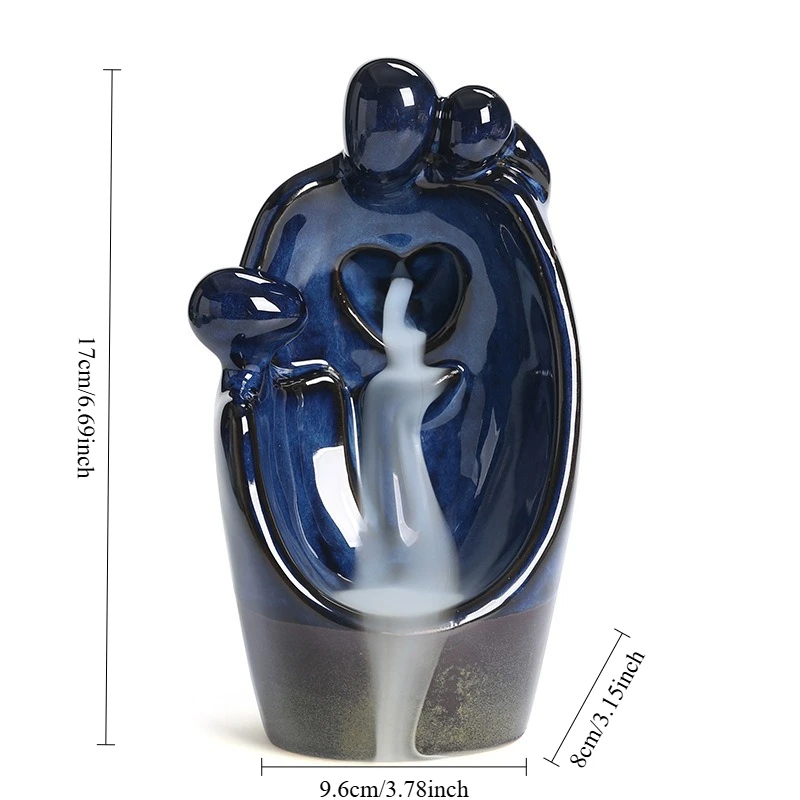 1pc Ceramic Backflow Incense Burner Blue Kiln Variation Aromatherapy Furnace with Abstract Couple Design Valentine's Gift view 2