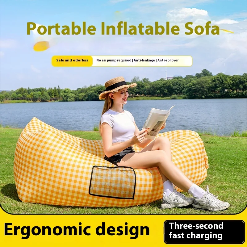 Pillow Inflatable Lazy Sofa Portable Outdoor Beach Air Sofa Bed Color Matching Lazy Sleeping Bag Bed image 2