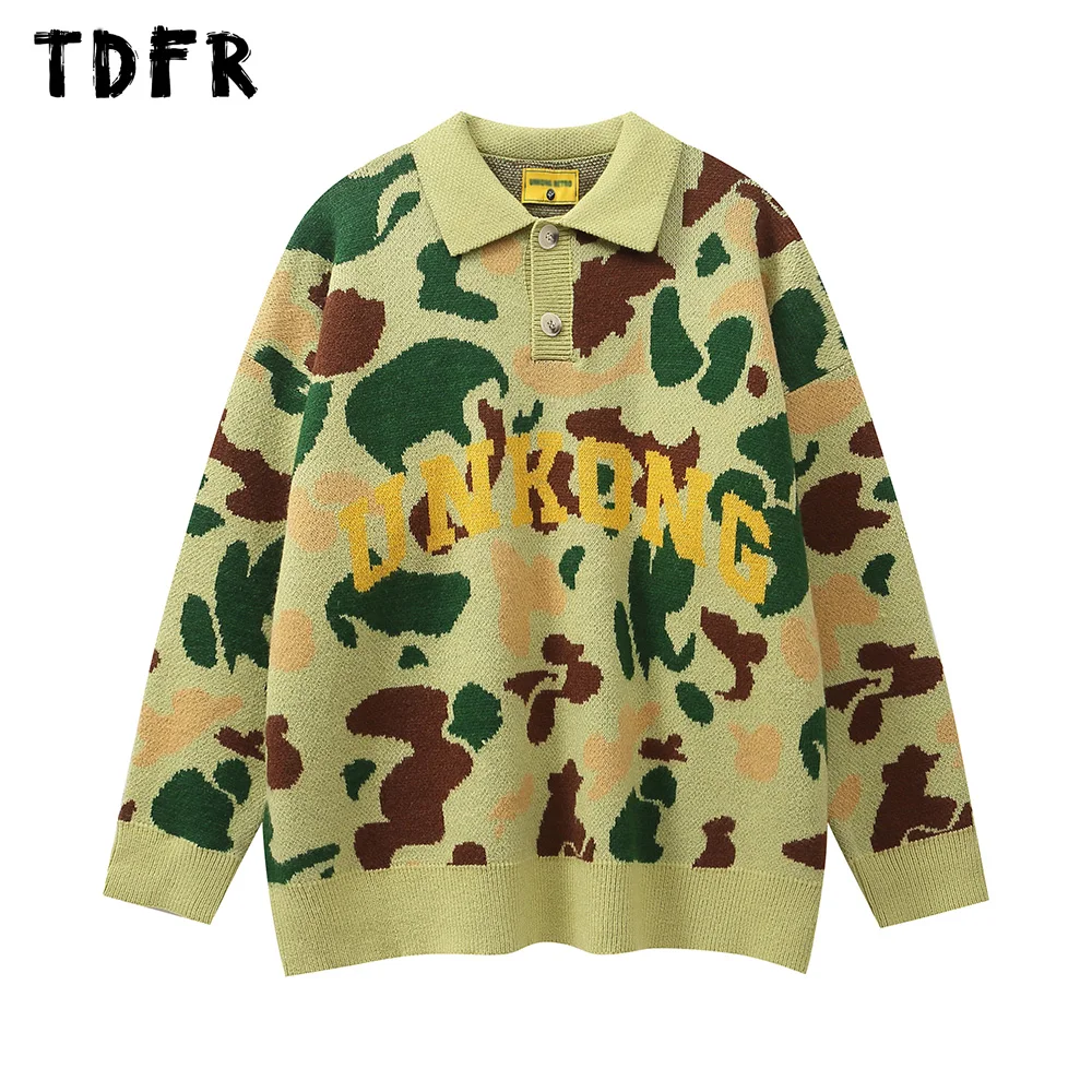 Camouflage Jacquard Sweater Mens Letter Autumn Winter Retro Streetwear Loose Long Sleeve Lapel Pullover Men