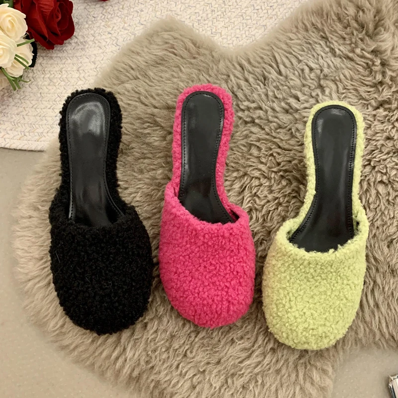 Luxury Lambswool Mule Slides Woman Pink Green Furry Heeled Slippers Ladies Round Toe Stiletto Plush Sandals Winter Party Shoes