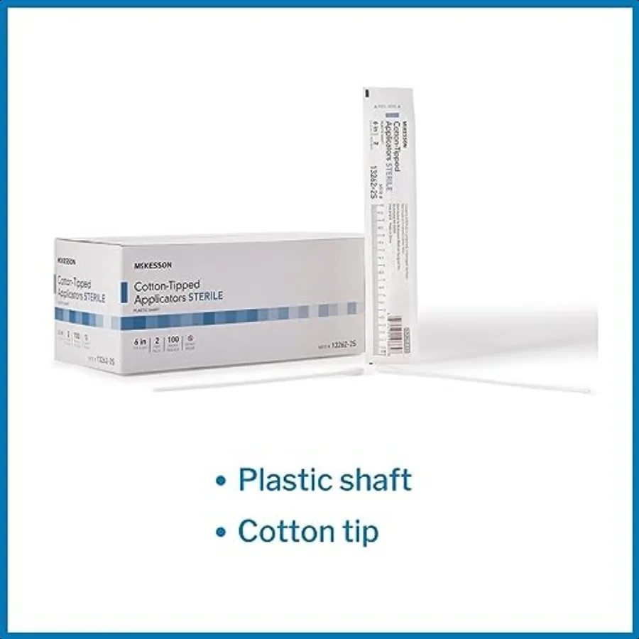أداة تطبيق McKon ذات أطراف قطنية 6 بوصات [200 عدد] مسحات طبية معقمة طويلة ملفوفة بشكل فردي عمود بلاستيكي