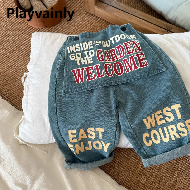 

Детские джинсы в корейском стиле с буквенным принтом для мальчиков и девочек, новинка 2024, весенне-осенние свободные широкие брюки, повседневные детские брюки B0022