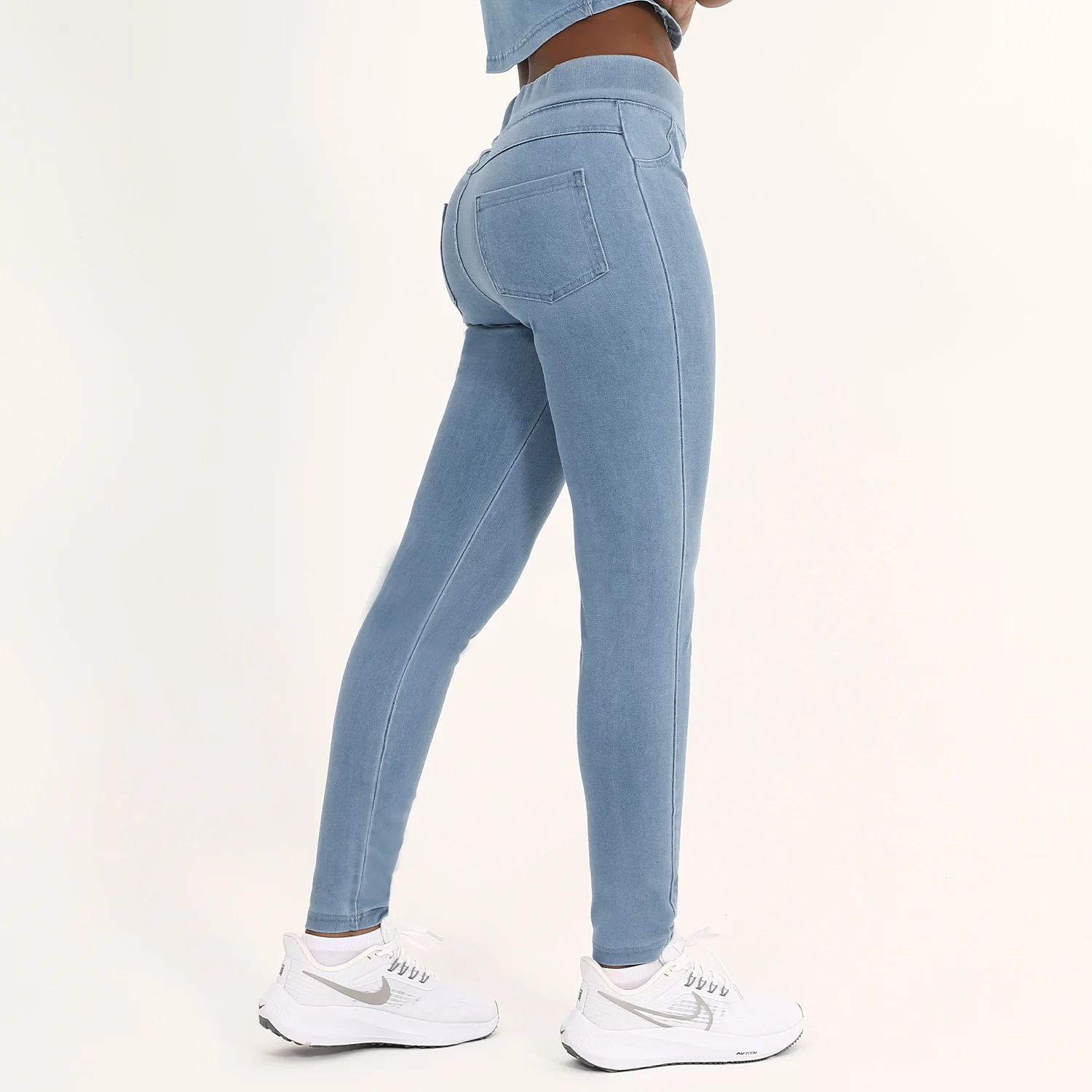 

New Denim Yoga Pants Women's High Waist Slimming Hip-lifting Belly-tuckin' Double Pocket Fitness Cropped Pants