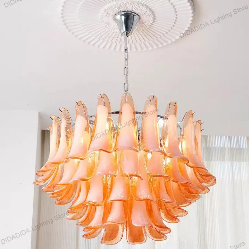 American Design Murano Horseshoe Glass Pendant Lamp with Petal Shapes Custom Multicolor Glazed for Ceilings Brass Silver