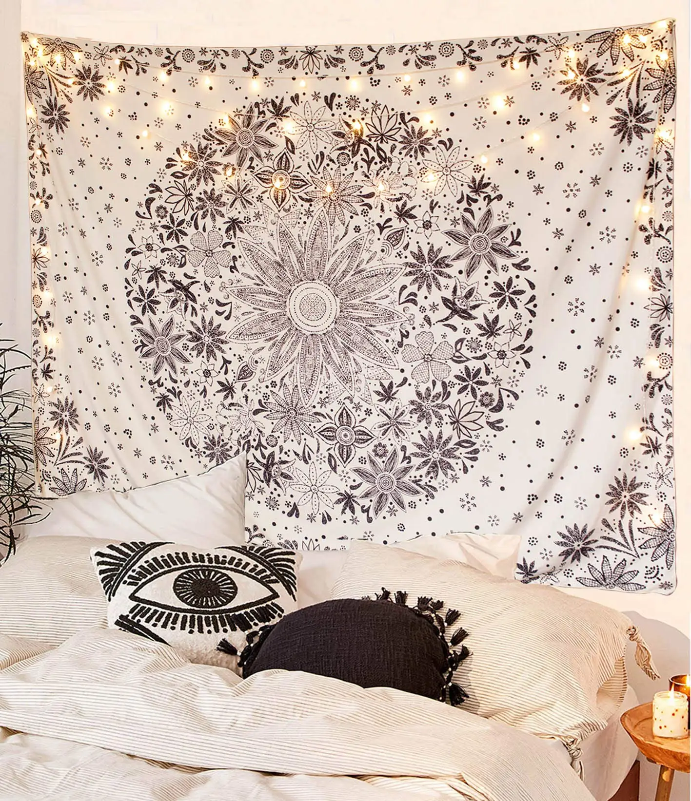 Bohemian Tapestry Wall Hanging - Beige White Floral Design with Dotted Daisy Medallion Print, Ideal for Bedroom Boho Hippie Home