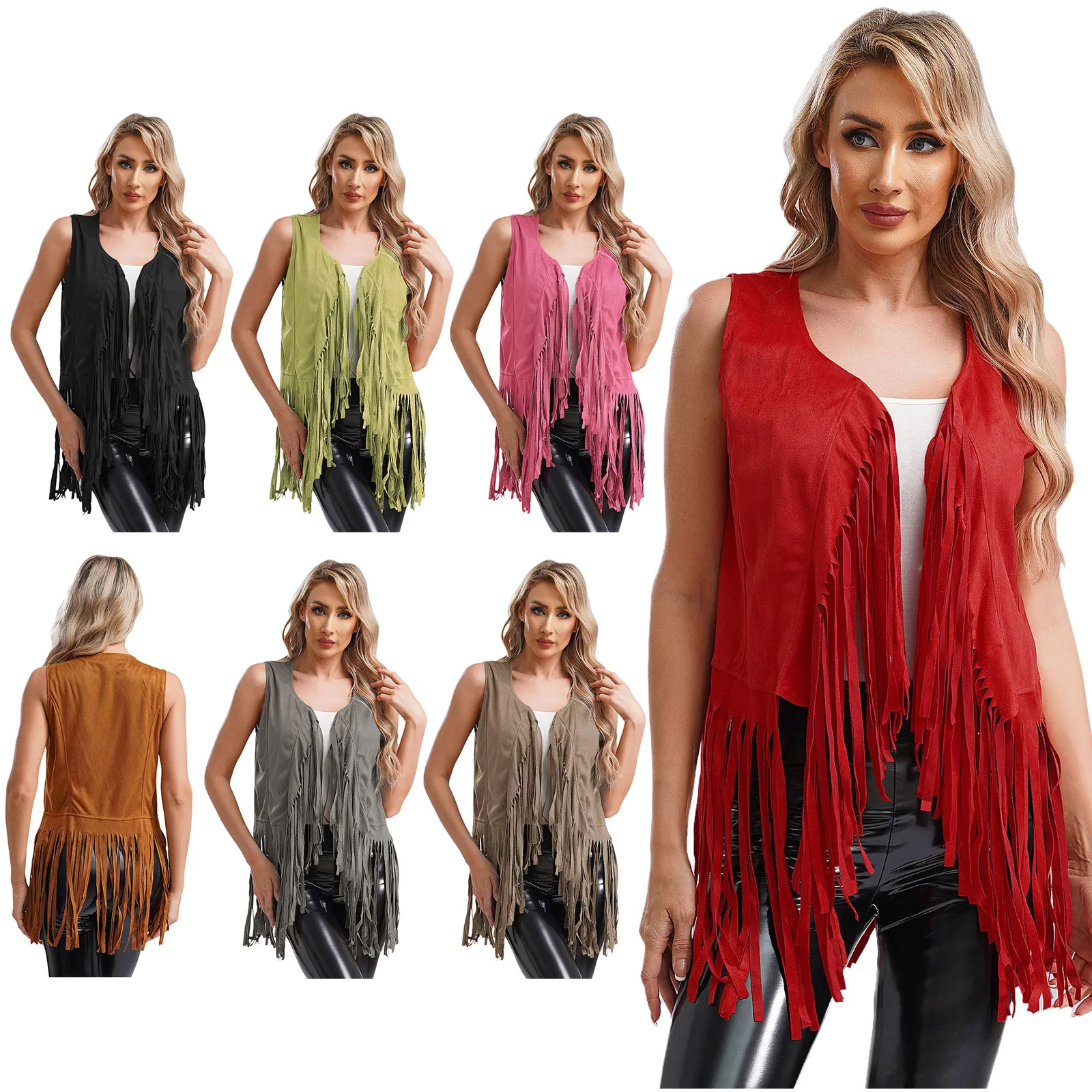 Women Vintage Gothic Western Cowgirl Fringe Vest Tops Cowboy Shirt Waistcoat Sleeveless Tassels Cardigan Jackets Cowboy Cosplay