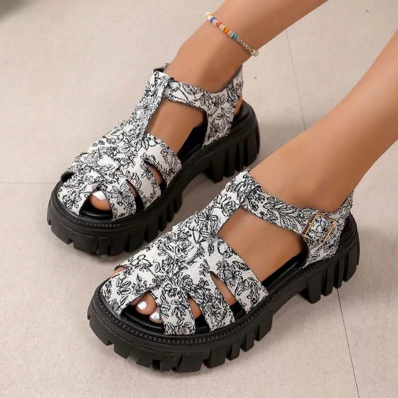 

Женская обувь 2024, высококачественные женские сандалии с закрытым носком, модные повседневные летние сандалии с пряжкой и ремешком, римские легкие босоножки на каблуке с принтом