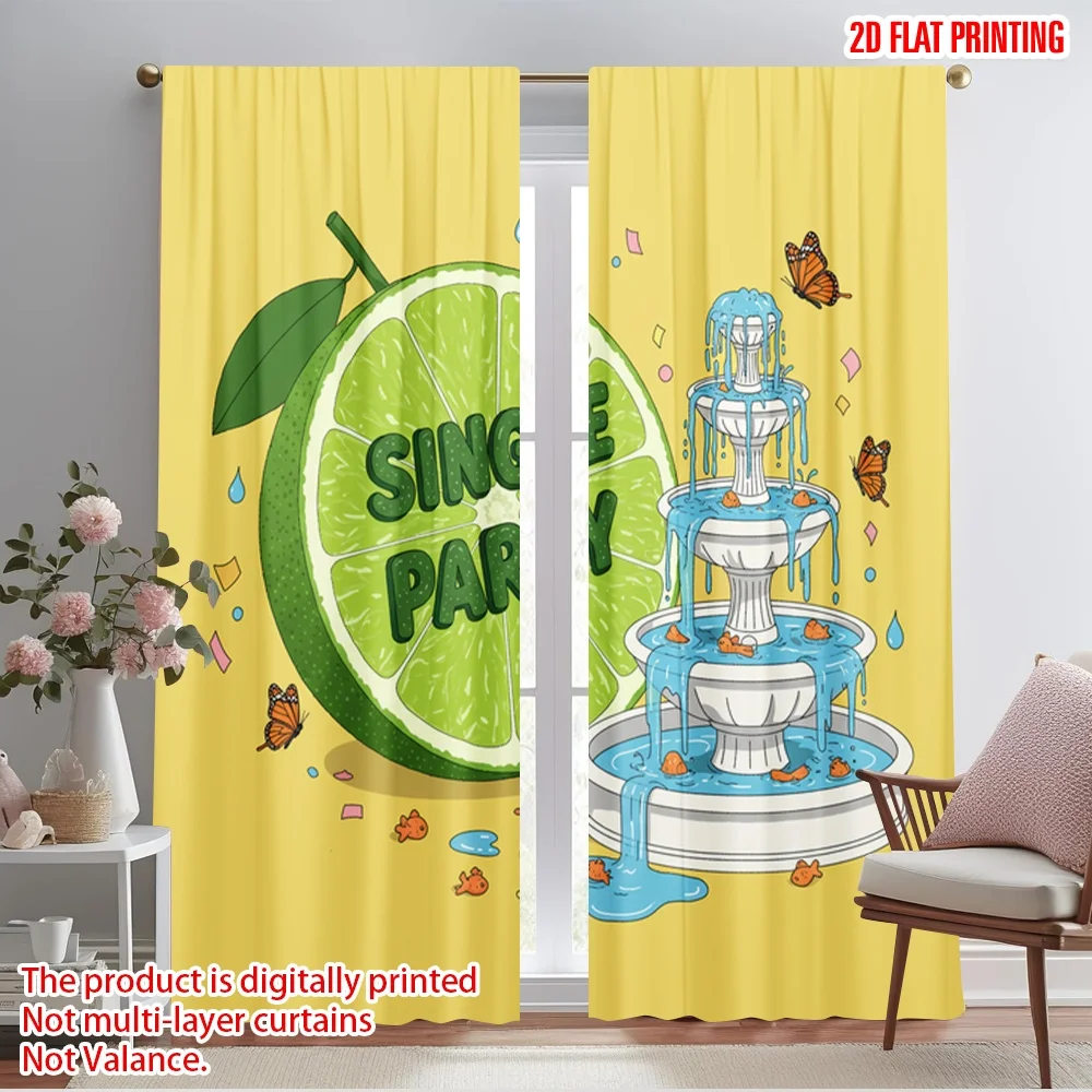 

2pcs 2D flat printing Party Curtain Single Party Lime Butterfly Polyester Without Electricity Family Party Perfect for Outdoor
