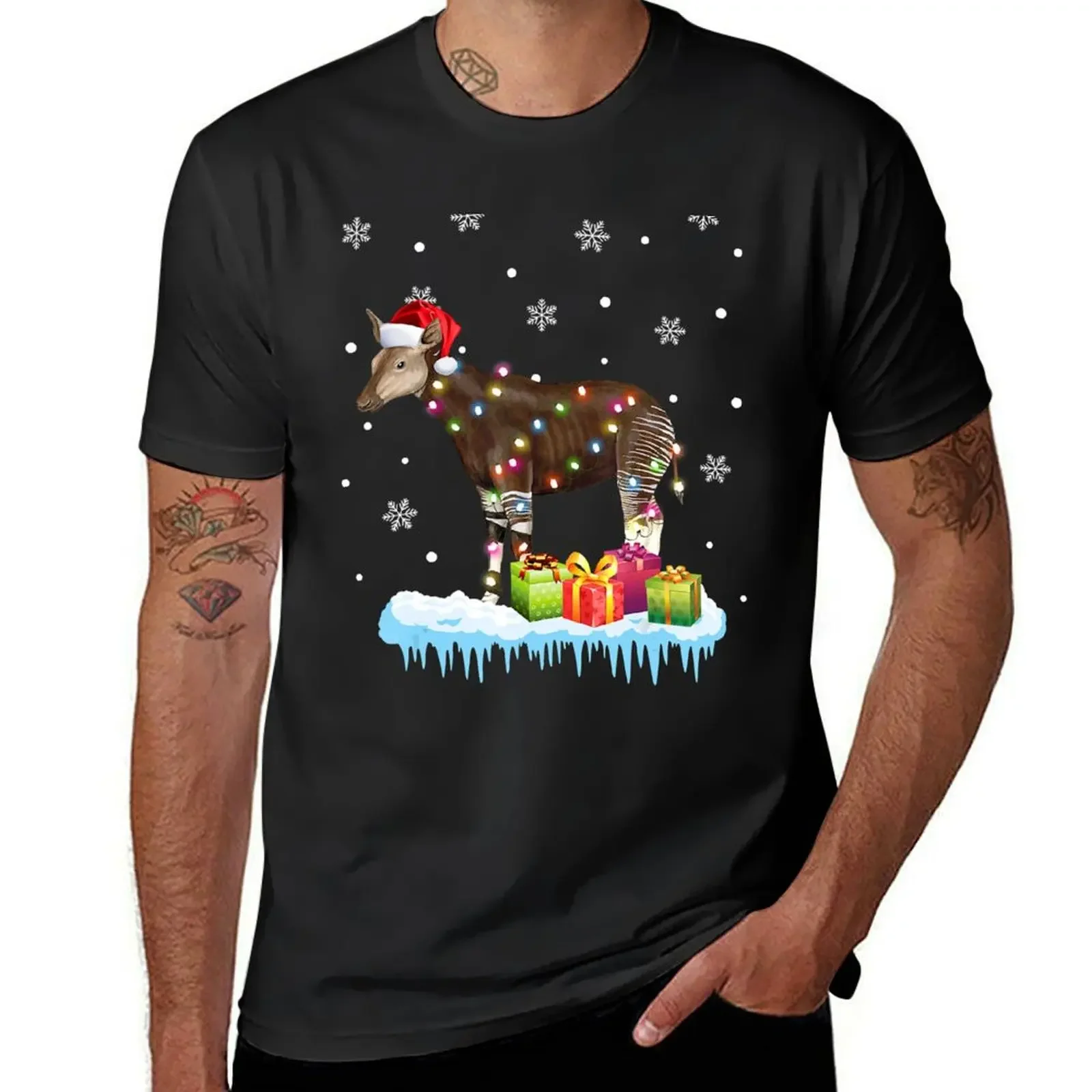 

X-Mas Okapi Christmas Lights Funny Wild forest giraffe Okapi T-Shirt quick-drying anime vintage mens t shirt graphic