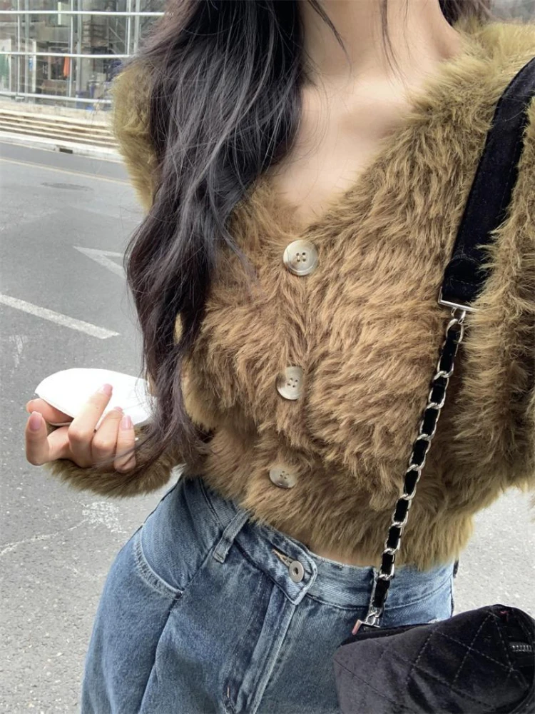 Women Fluffy Cardigans Sexy V-neck Crop Sweaters Knitted Outerwear Sweet College Streetwear Aesthetic Female Stylish Autumn Slim