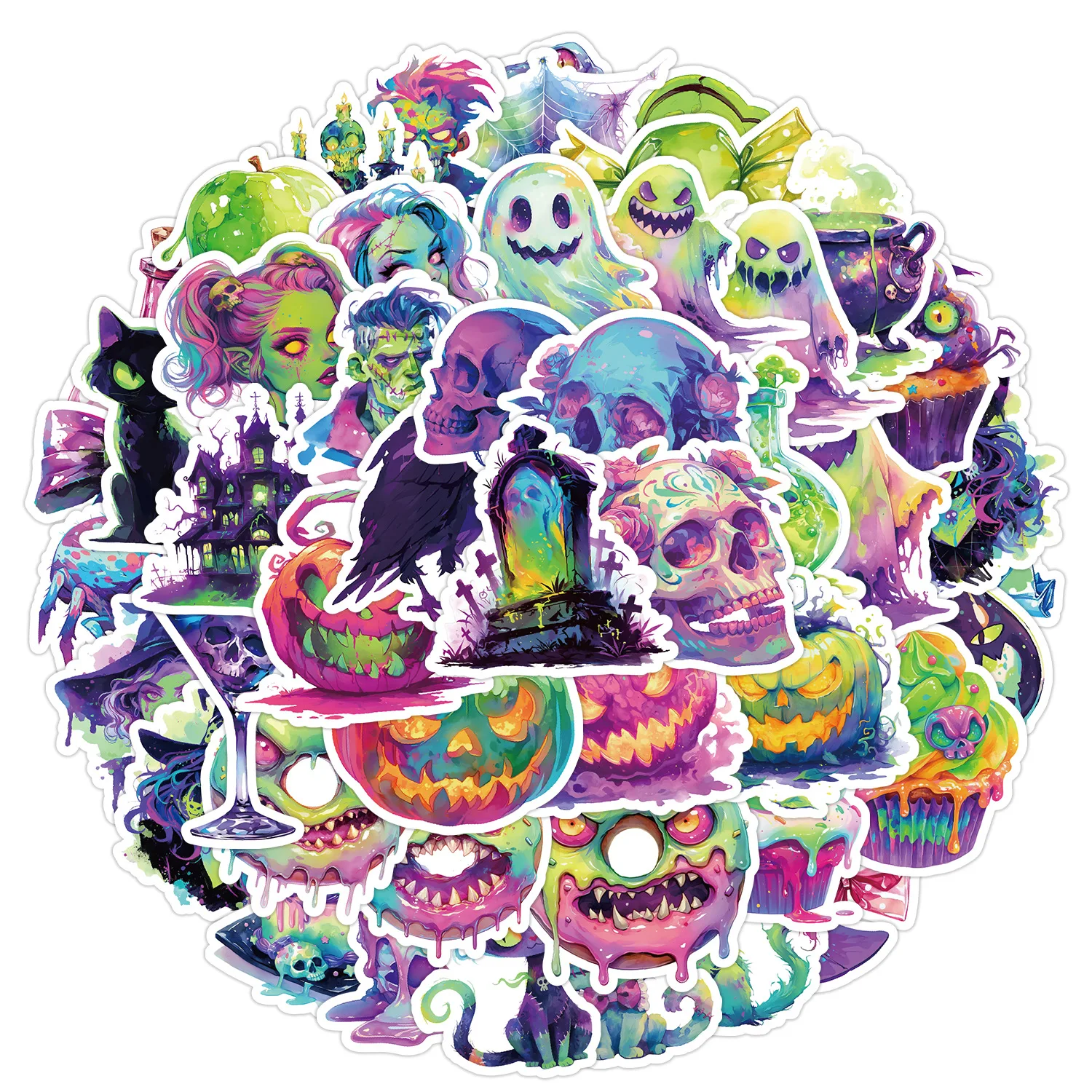 10/30/50Pcs Néon Halloween Graffiti Autocollants Créatifs Autocollants Décoratifs BRICOLAGE Guitare Tasse D'eau Planche À Roulettes Autocollants Étanches