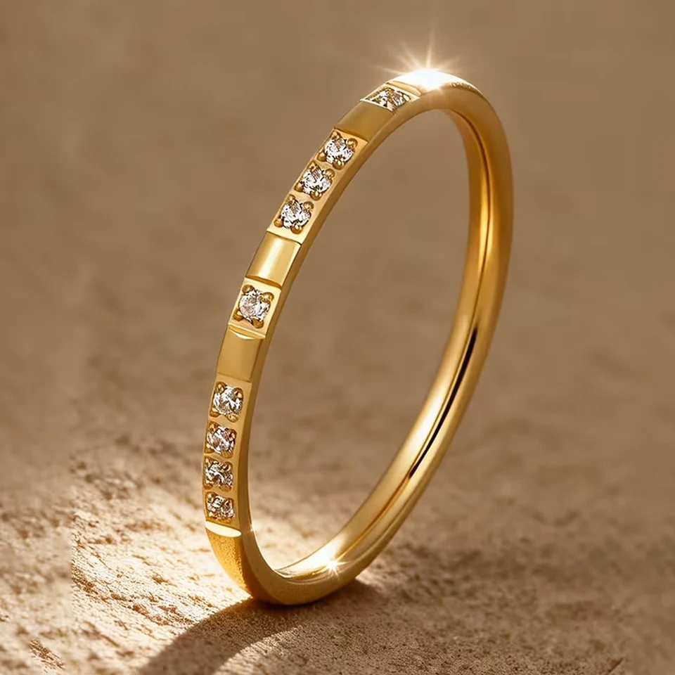 Yupsk 2pcs/set Fashion 316 L Stainless Steel Pave Micro Zircon Ring for Women Girls Golden Rings Set Party Jewelry Gift