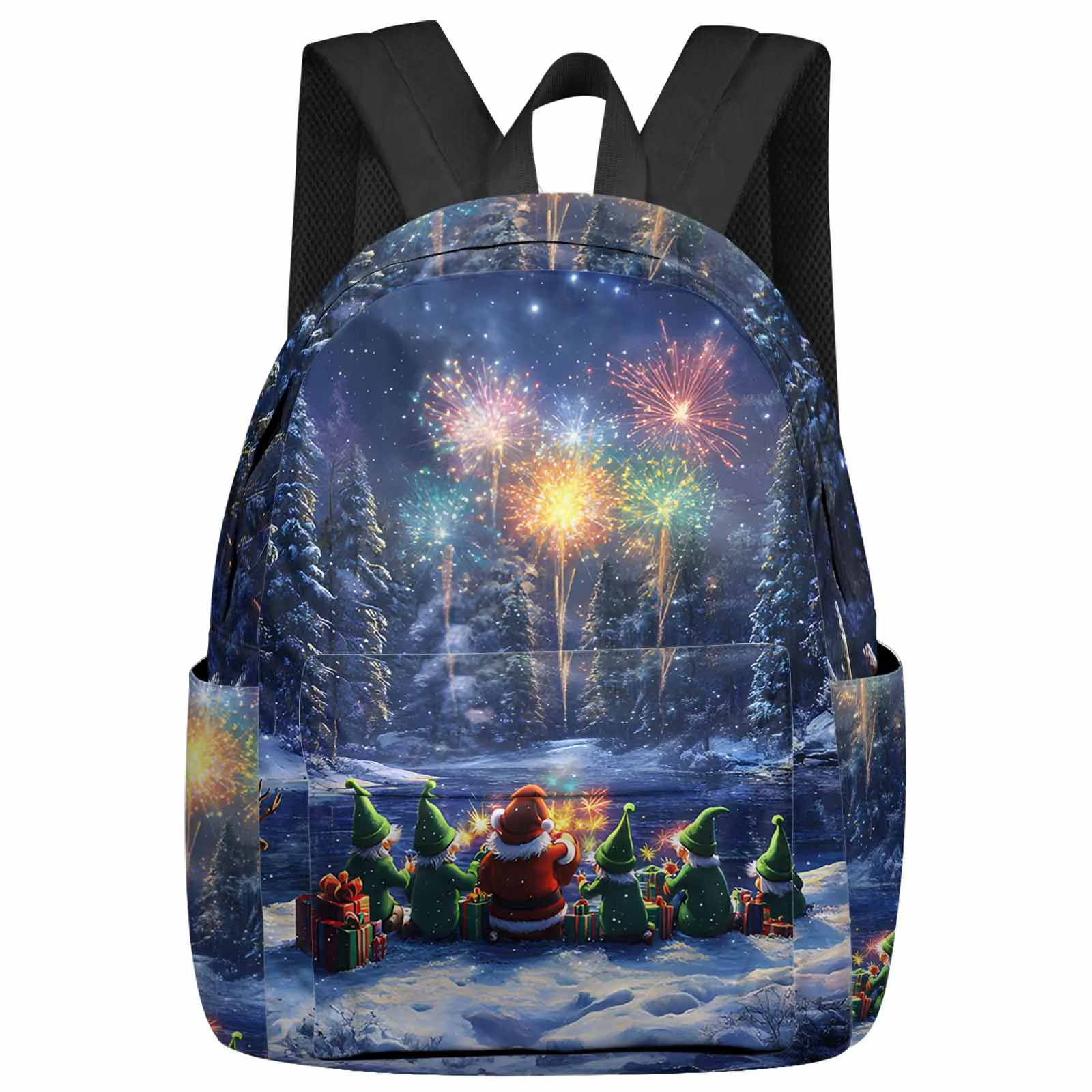 

Santa Claus And Elves Watching Fireworks Forest Large Capacity Backpack Men Laptop Bags High School Teen College Girl Student