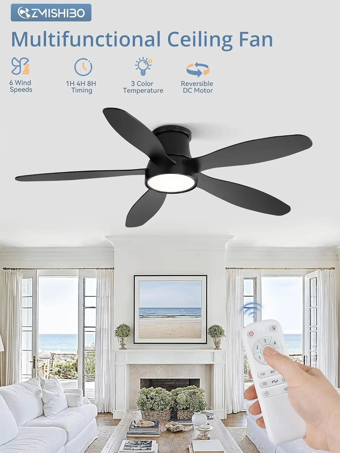 LED ventilador de teto com controle remoto, montagem nivelada, Low Profile, reversível, silencioso, 3 Ct, 52"