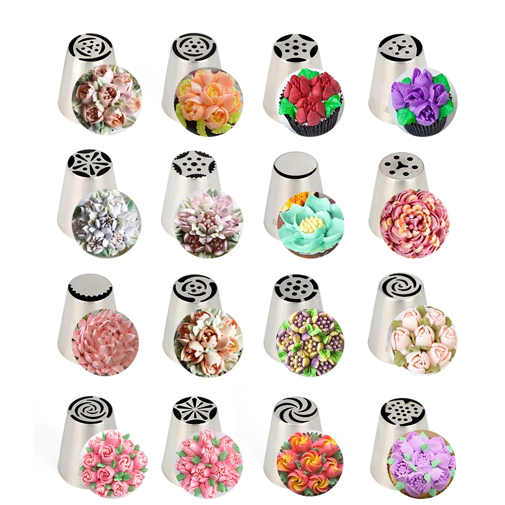 16 Pcs Stainless Steel Large Size Russian Icing Tips Set Cake Decorating Cream Flower Piping Nozzles for Baking MRF0069