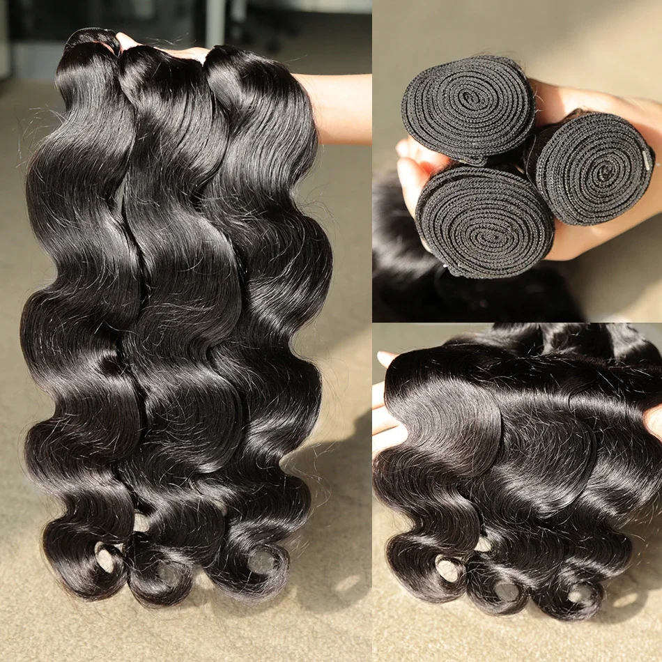 Tissage en Lot Brésilien Naturel Remy Body Wave, Extensions de Cheveux Bruts, 26 28 30 Pouces, 1 3 4