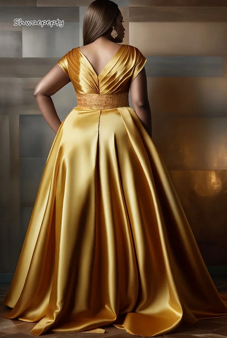 Elegant Gold Prom Dress Pleats V-Neck A-Line Long Satin Evening Gown Empire Waist Formal Party Dresses Customized