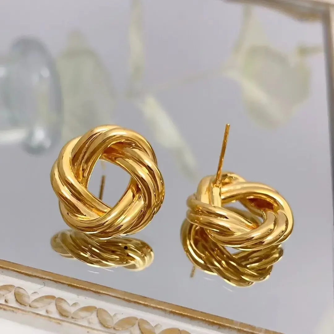 DSHIJOJ anting wanita emas 18k murni anting desain putar gaya lingkaran berongga kancing logam anting Au750 cap