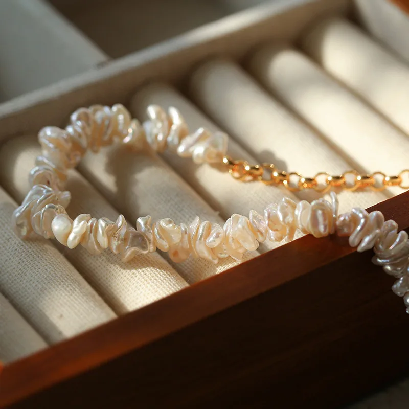 Brass With 18k Gold Half Chain Half Baroque Pearl Necklace Women Jewelry Punk Designer Runway Rare Gown Boho Japan Korean