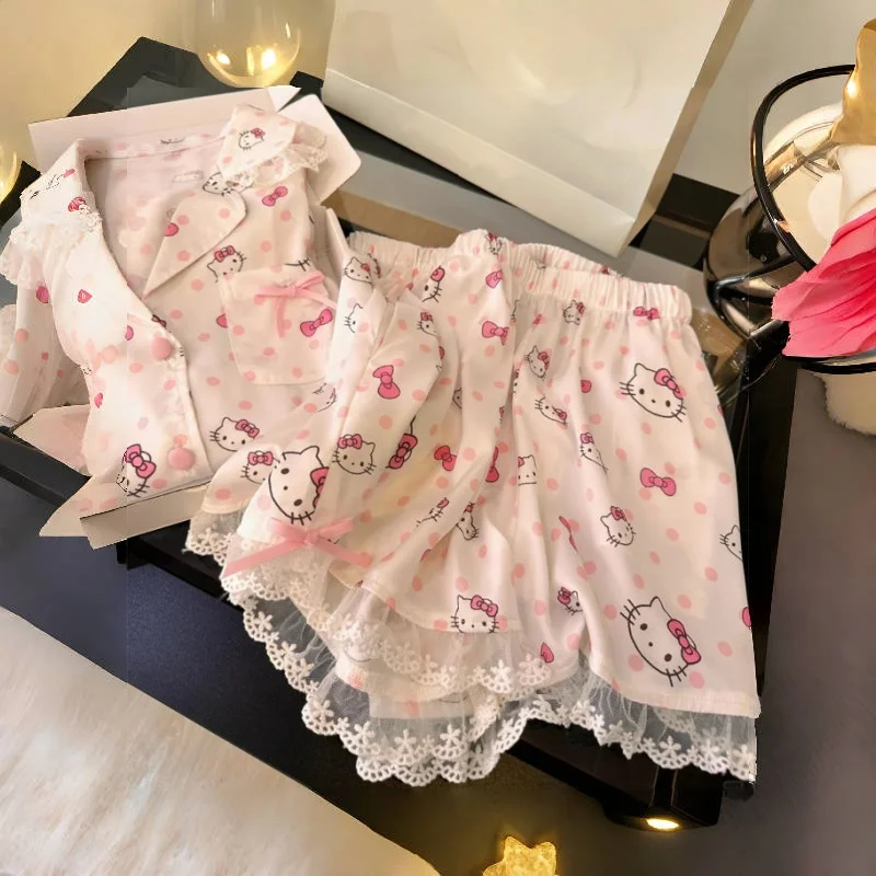 

Sanrio Hello Kitty Cartoon Anime Print Ice Silk Short Sleeve Sleepwear Women's Style Summer New Sweet Home Clothes Shorts Set