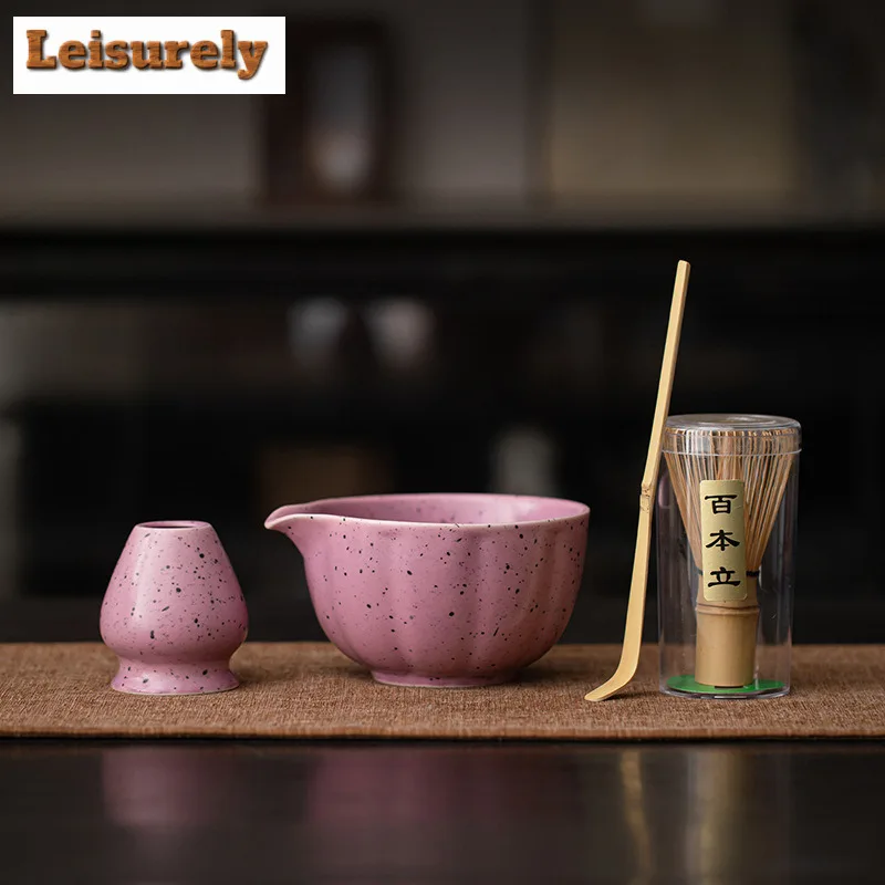 

Milk Purple Ink Dot Matcha Four-piece Set Ceramic Bowl Tea Cup Hundred Book Stand Whisk Tea Services Drinkware Ornaments Craft