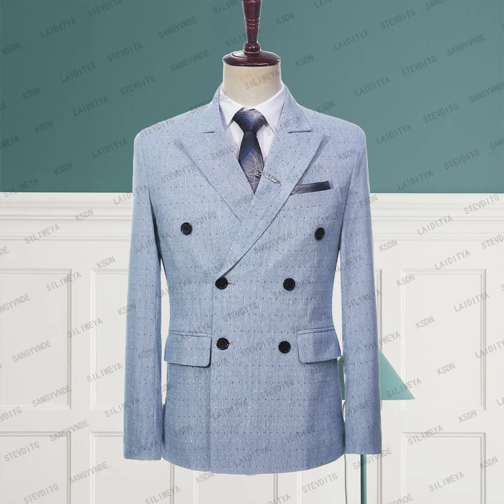 

2023 New Summer Fashion Men's Blue Linen Suit White Check Double Breasted Slim Fit Casual Tuxedos For Wedding Jacket Blazer Coat