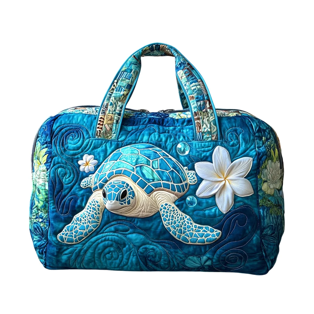 Hawaiian Ocean Blue Sea Turtle Quilted Duffle Bag Flower Print Weekender Travel Bag Tropical Beach Vacation Overnight Bag