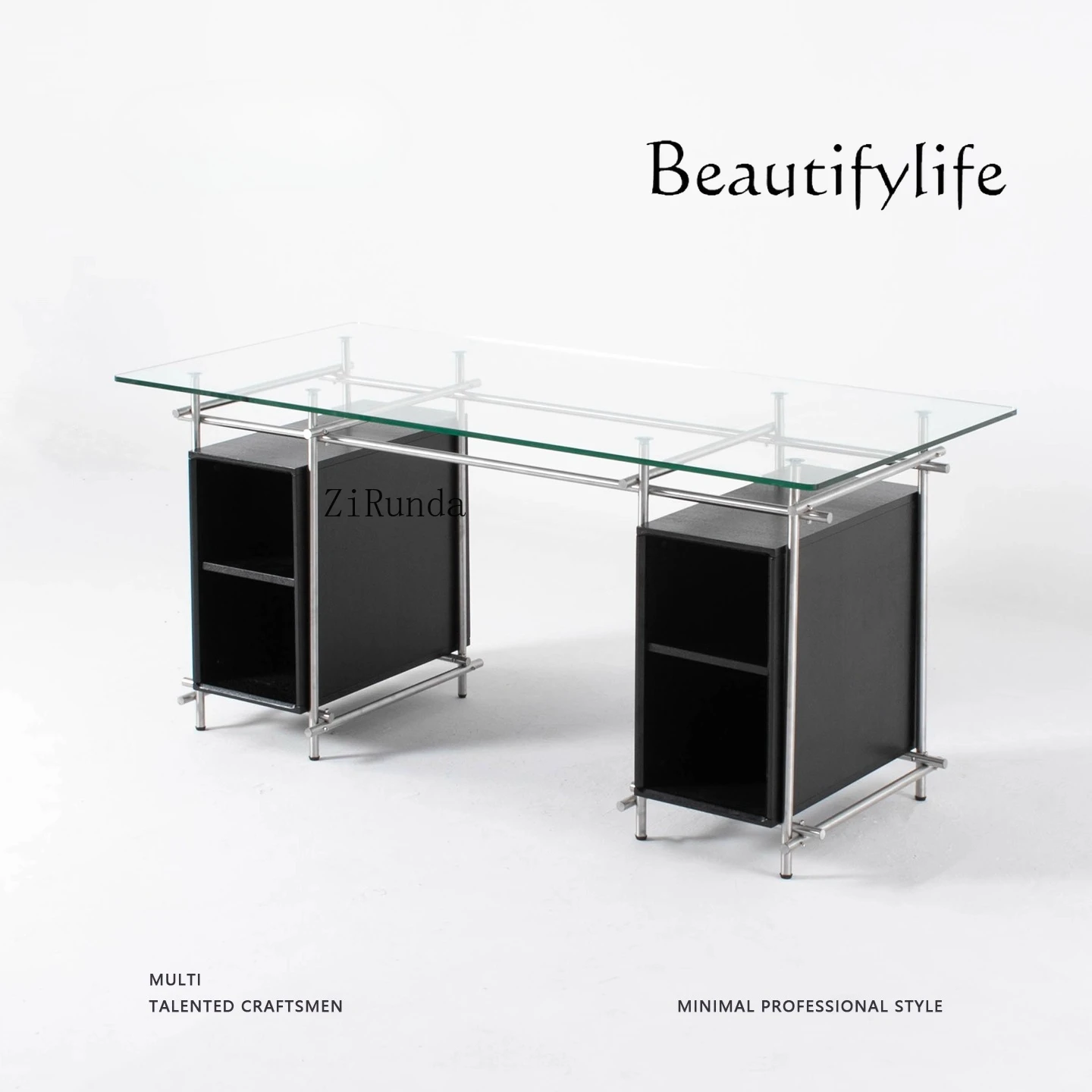 

Italian minimalist tempered glass desk stainless steel desk long workbench