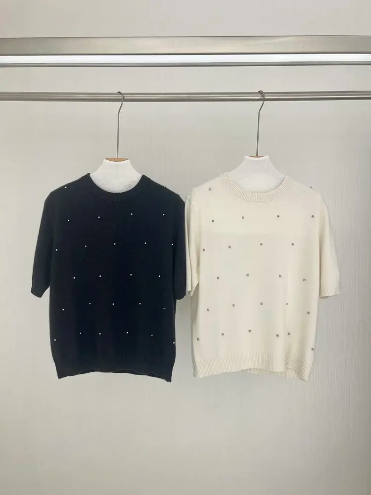 

Autumn B*C Women 100% Cashmere Sweater Diamond Decoration Short Sleeve O-Neck Fashion Ladies Knitted Pullover