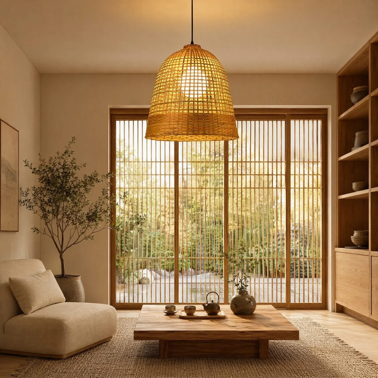 JOYINLED 40CM Natural Bamboo Lampshade Hand Woven Rattan Lamp Shade E27 Pendant Cover Replacement Shade Boho Home Decor