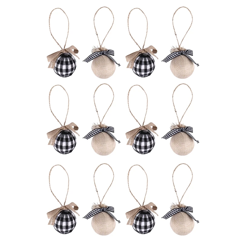 زينة شجرة عيد الميلاد، 12 قطعة مقاس 2-1/2 بوصة أبيض وأسود وخياطة من الخيش وزينة عيد الميلاد