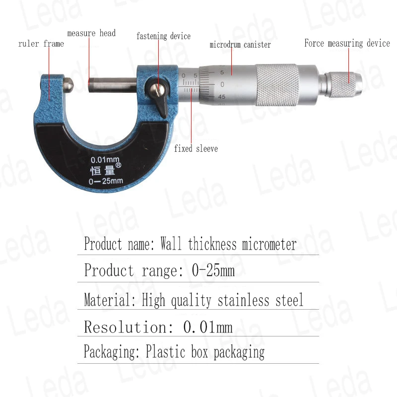 1pcs Mechanical Outer Diameter Micrometer Wall Thickness Micrometer 0-25mm Resolution 0.01mm Single Round Head Wall