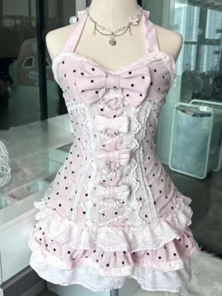 Moda coreana Y2k Estetica Abiti da donna Stile Lolita Polka Dot Fiocco in pizzo Dolce dimagrante Halter Top Design Minigonna Abiti
