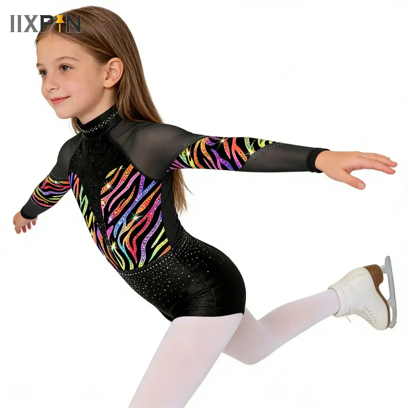

Sparkly Rhinestone Sequins Gymnastics Yoga Dance Leotard for Girls Long Sleeve Mesh Patchwork Back Invisible Zipper Bodysuit