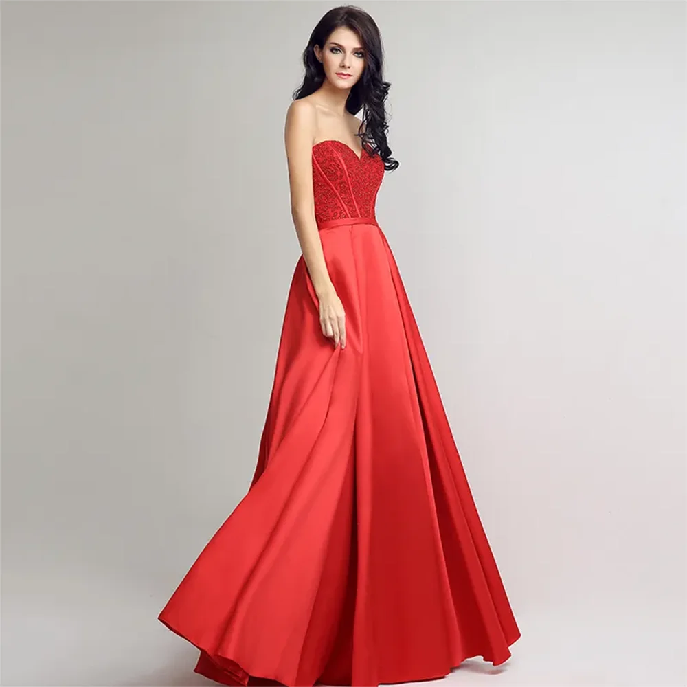 2024 New Spring And Summer Bra Formal Evening Dresses Red Satin Back Strap long Beaded Ball Prom Gown