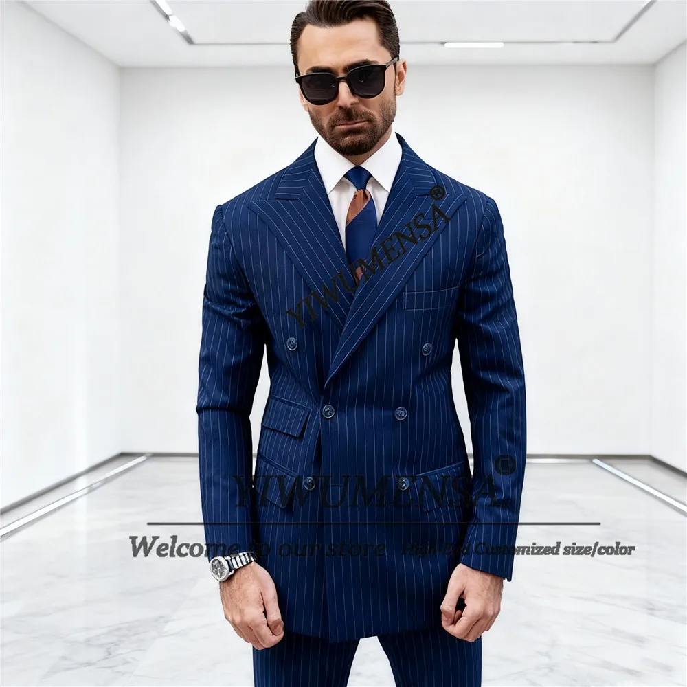 

Navy Stripes Suits Men Formal Business Blazer Pants 2 Pieces Sets Double Breasted Groom Wedding Tuxedos Male Fashion Attire 2026