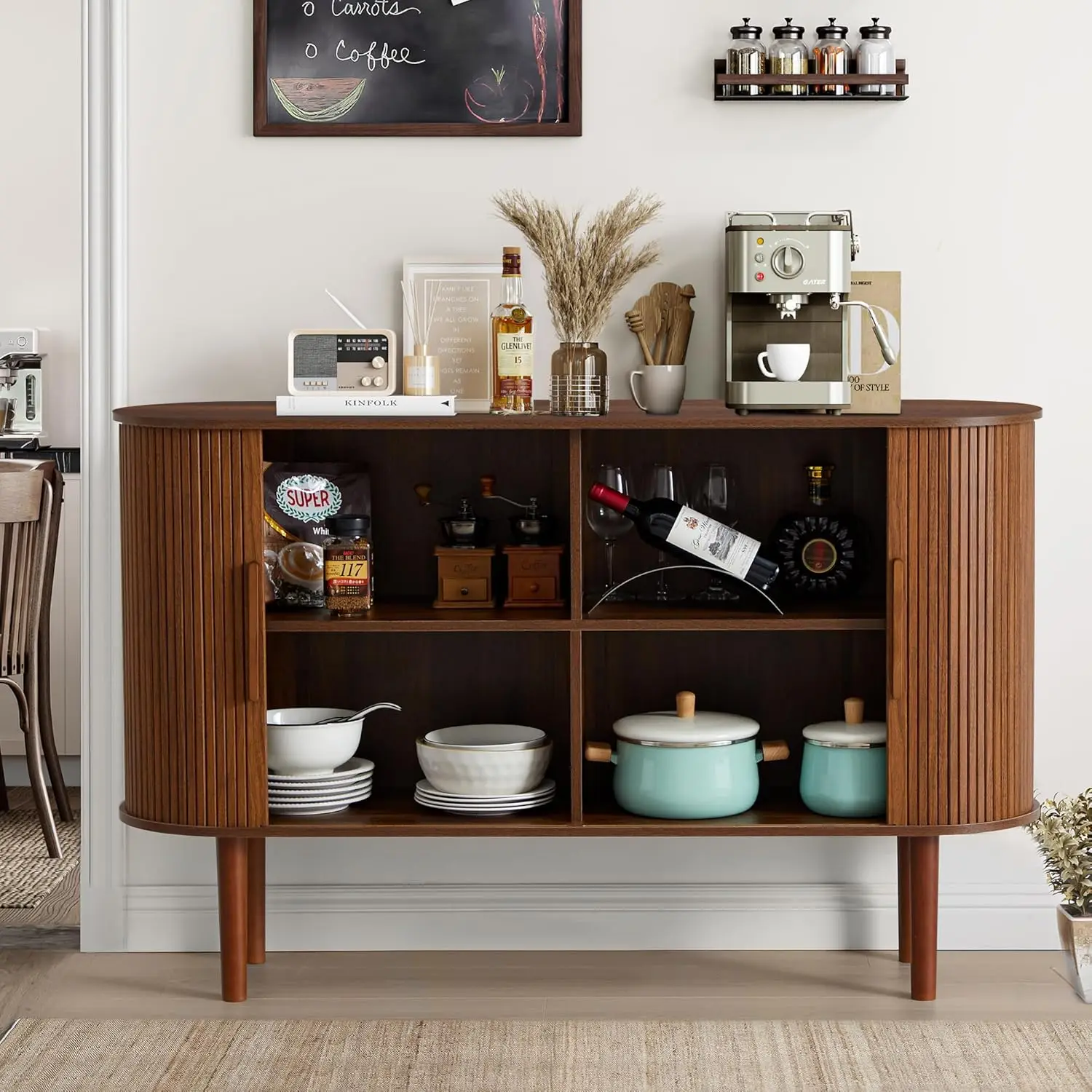 53' gecanneleerde dressoirkast, moderne credenza met schuifdeuren, notenhouten woonkamer eetkamer opbergruimte