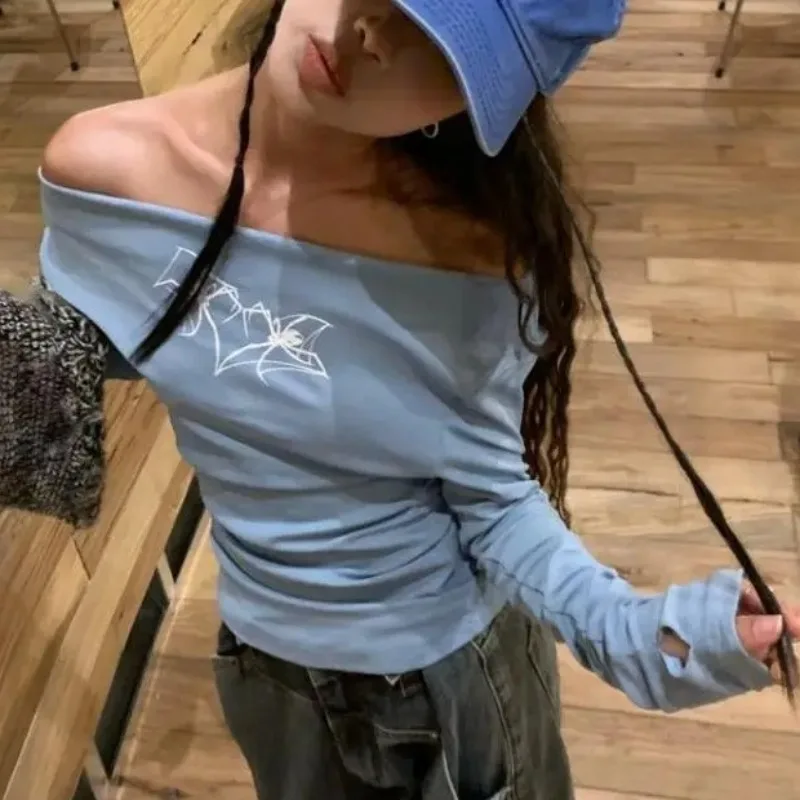 Print Women's T-shirts Off Shoulder Long Sleeve Ropa mujer Spring Clothes Gothic Y2k Streetwear Tops Sexy Roupas Feminina