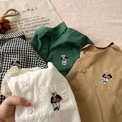 Children's White Shirt Autumn 2024 New Boys Girls Korean Version Little Bear Embroidered Long-sleeved Plaid Lapel Shirt Trend